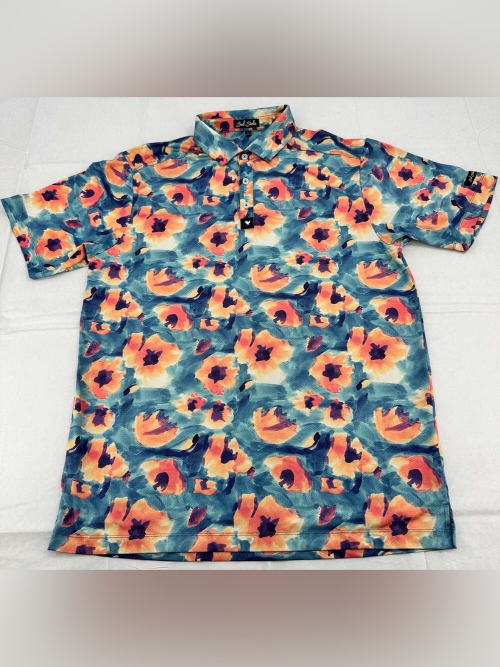 Rare Bad Birdie Golf Polo Shirt Size L Blue Orange Floral Print